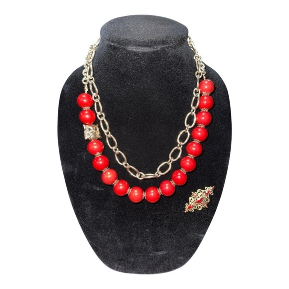 Source Unknown Jewelry - Source Unknown Red and Silver Necklace with Double-Strand Design